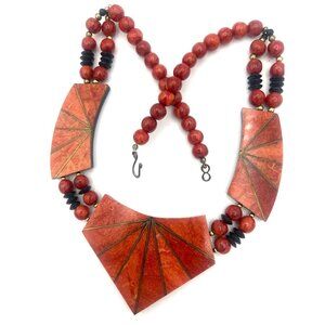 Handcrafted Red Coral Bib Necklace Beaded Geometric Pendant Black Disk Statement